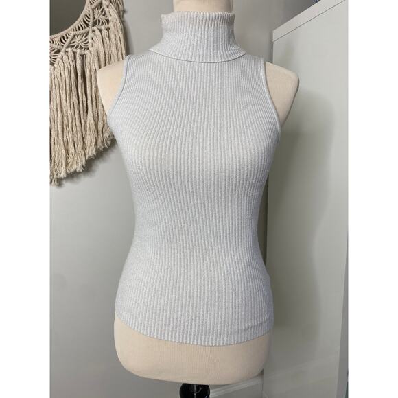 Bebe White Silver Metallic Sleeveless Turtleneck Shirt Tank Top M Y2K Futuristic - Picture 2 of 10
